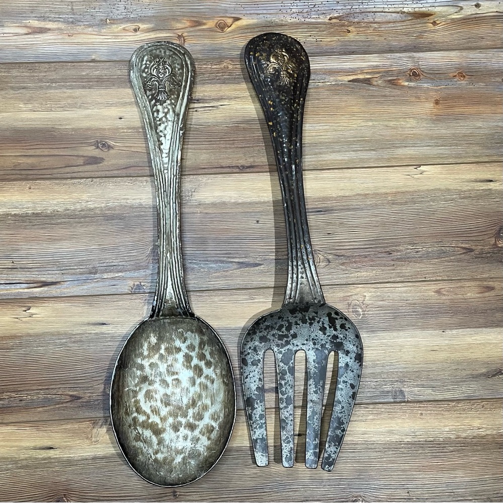 Oversized Rustic Fork & Spoon Wall Decor Set Hammered Metal Farmhouse 26” X 7”